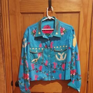 Lucky & Blessed Blue Shirt with Red Rose Design